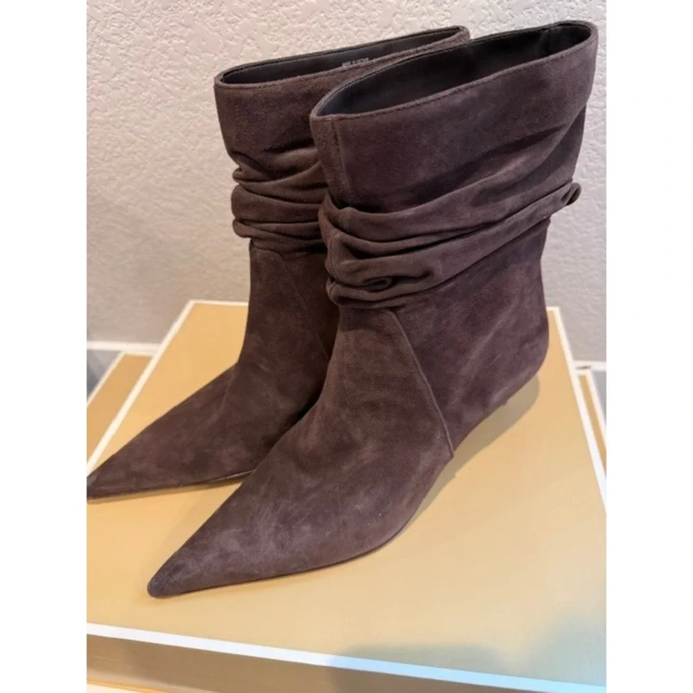 Michael Kors SG25F Brown Suede Slouchy Pointed Toe Kitten Heel Boots Womens 11M